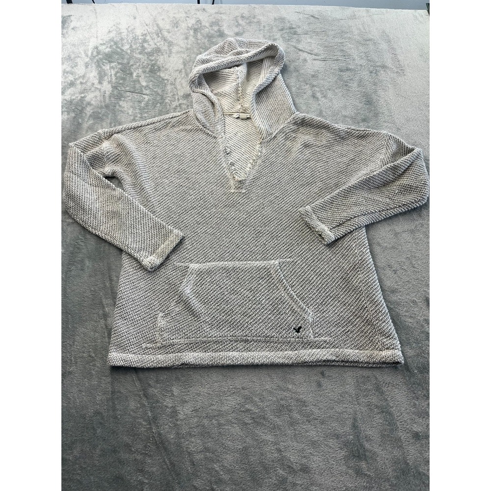 American Eagle Grey White Knit Pullover Poncho Pocket Hoodie Beachy M Womens